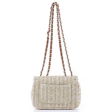 Stylish Straw Twist Lock Flap Crossbody Bag