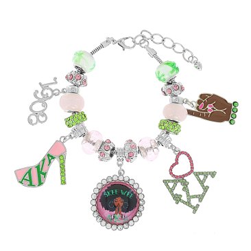 ALPHA KAPPA ALPHA Sorority Crystal Enamel Coated Adjustable Multi Charm SILVER Bracelet