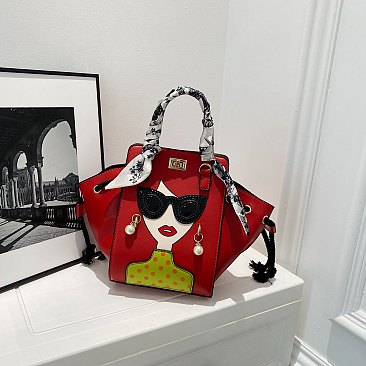 Woman with 3D Pearl Earring & Sunglasses Figure Satchel-Crossbody Bag