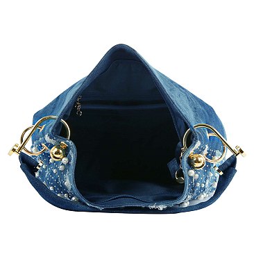 Pearl Studded Distressed Denim Hobo