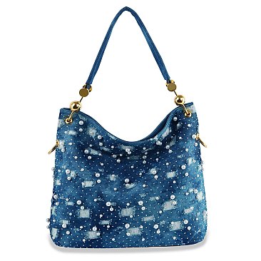 Pearl Studded Distressed Denim Hobo