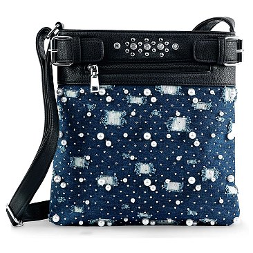 Pearl Studded Distressed Denim Crossbody Sling