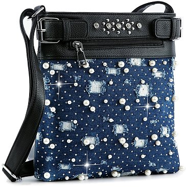 Pearl Studded Distressed Denim Crossbody Sling