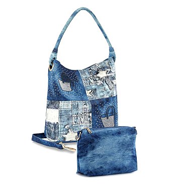 Four Square Patchwork Denim Hobo Set