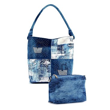 Four Square Patchwork Denim Hobo Set