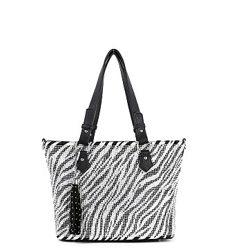 Zebra Striped Rhinestone Tote Handbag