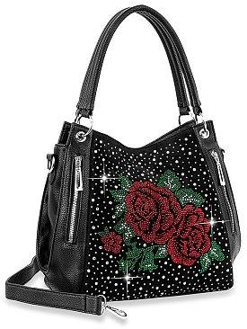 Front Pocket Rhinestone Rose Handbag