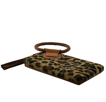 Leopard Fur Cuff Handle Tassel Wristlet Clutch