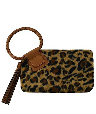 Leopard Fur Cuff Handle Tassel Wristlet Clutch