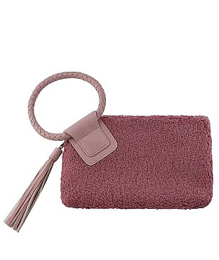 Terry Fur Cuff Handle Tassel Wristlet Clutch