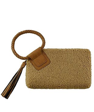 Terry Fur Cuff Handle Tassel Wristlet Clutch