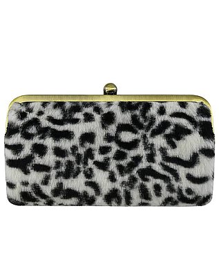 Leopard Fur Kiss Lock Clutch Wallet