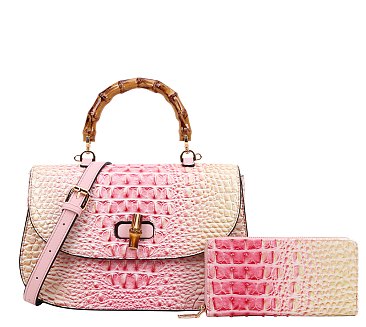 2 in 1 Large Crocodile Bamboo Handle Tie-dyed Satchel Wallet Set