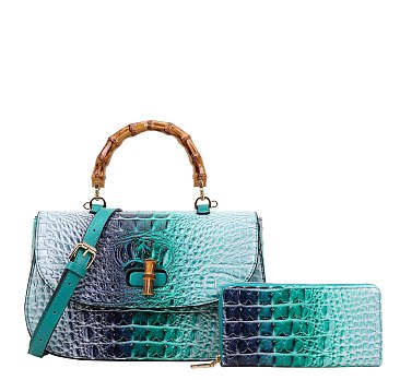 2 in 1 Large Crocodile Bamboo Handle Tie-dyed Satchel Wallet Set