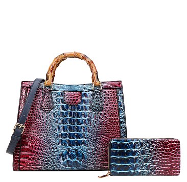 2 in 1 Crocodile Bamboo Handle Tie-dyed Satchel & Wallet