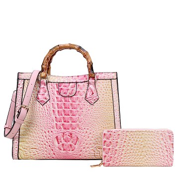 2 in 1 Crocodile Bamboo Handle Tie-dyed Satchel & Wallet