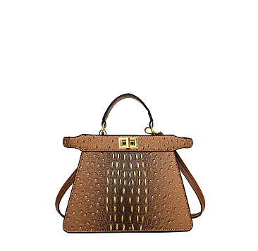 Two Tone Croc Twist Lock Satchel / Crossbody Bag