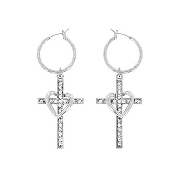 CLASSIC RELIGIOUS RHINESTONE CROSS HEART DANGLE HOOP EARRINGS