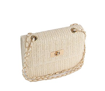 Straw Twist Lock Flap Shoulder Bag