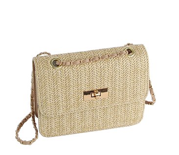 Straw Twist Lock Flap Shoulder Bag