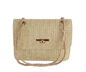 Straw Twist Lock Flap Shoulder Bag