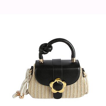 Flower Buckle Flap Straw Satchel