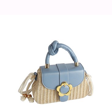 Flower Buckle Flap Straw Satchel