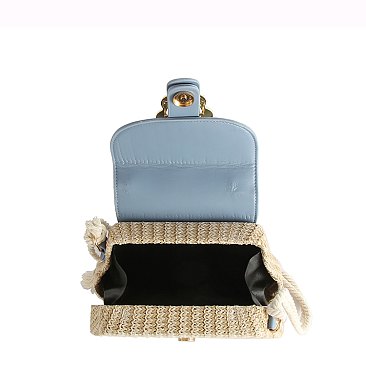 Flower Buckle Flap Straw Satchel