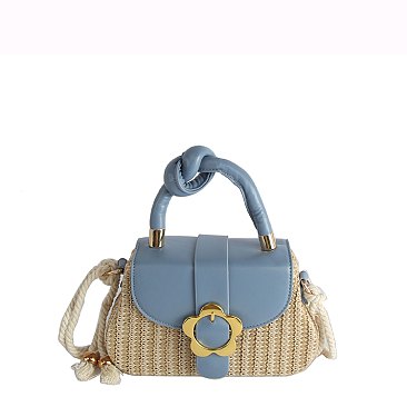 Flower Buckle Flap Straw Satchel