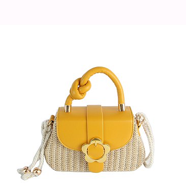 Flower Buckle Flap Straw Satchel