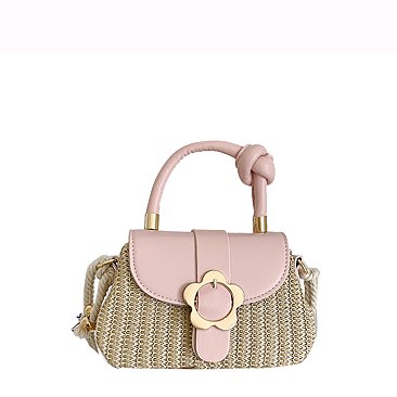 Flower Buckle Flap Straw Satchel