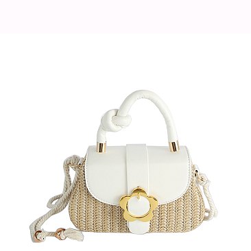 Flower Buckle Flap Straw Satchel