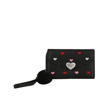 Heart Flap Pompom Tri-fold Wallet Wristlet