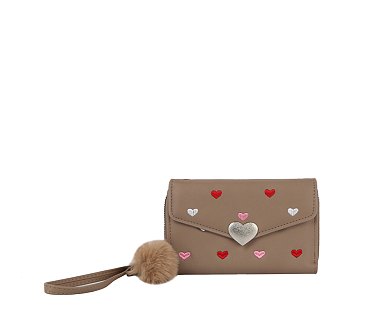 Heart Flap Pompom Tri-fold Wallet Wristlet