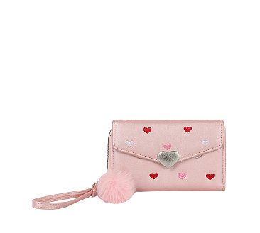 Heart Flap Pompom Tri-fold Wallet Wristlet