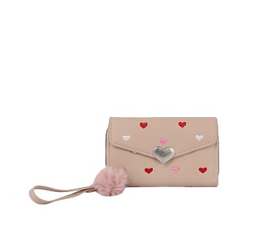 Heart Flap Pompom Tri-fold Wallet Wristlet