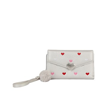 Heart Flap Pompom Tri-fold Wallet Wristlet