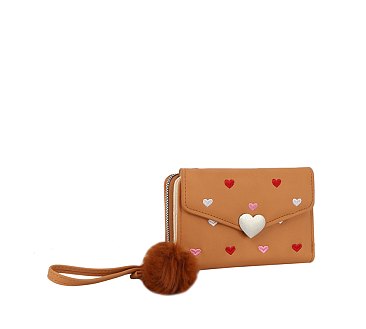 Heart Flap Pompom Tri-fold Wallet Wristlet