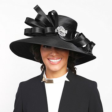 LARGE BRIM SATIN CHURCH HAT W Curly Bow and Stone Brooch DETAIL