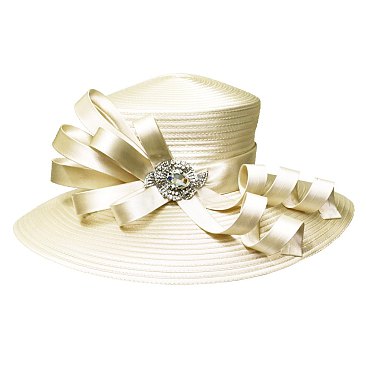 LARGE BRIM SATIN CHURCH HAT W Curly Bow and Stone Brooch DETAIL