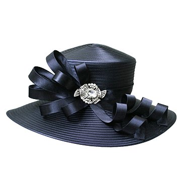 LARGE BRIM SATIN CHURCH HAT W Curly Bow and Stone Brooch DETAIL