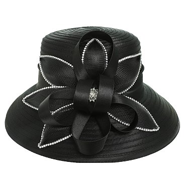 LARGE Satin Hat Embellished with Crystals and Floral Ribbon