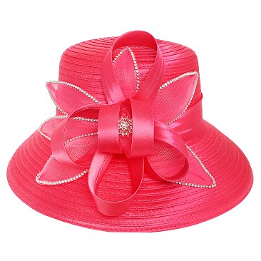 LARGE Satin Hat Embellished with Crystals and Floral Ribbon