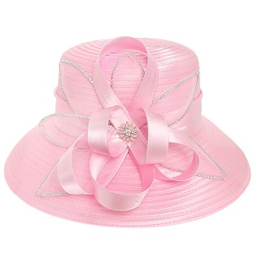 LARGE Satin Hat Embellished with Crystals and Floral Ribbon