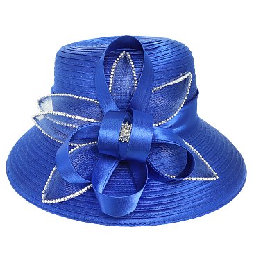 LARGE Satin Hat Embellished with Crystals and Floral Ribbon