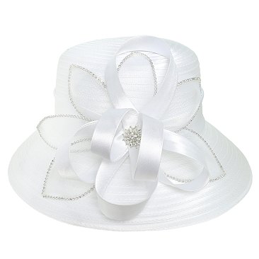 LARGE Satin Hat Embellished with Crystals and Floral Ribbon