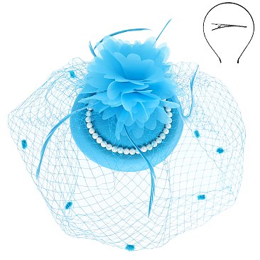 PRETTY FASCINATOR ACCENTED WITH PEARLS AND FISHNET