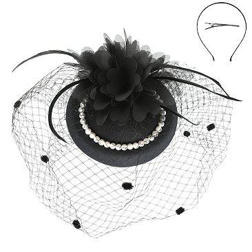 PRETTY FASCINATOR ACCENTED WITH PEARLS AND FISHNET