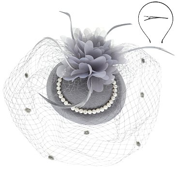 PRETTY FASCINATOR ACCENTED WITH PEARLS AND FISHNET