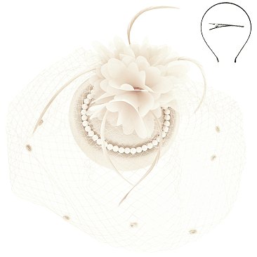 PRETTY FASCINATOR ACCENTED WITH PEARLS AND FISHNET